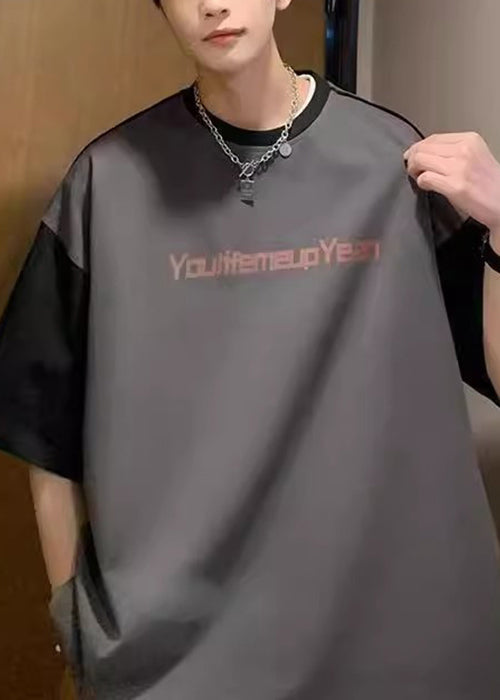 Loose Red Letter Patchwork Cotton Men T Shirt Summer