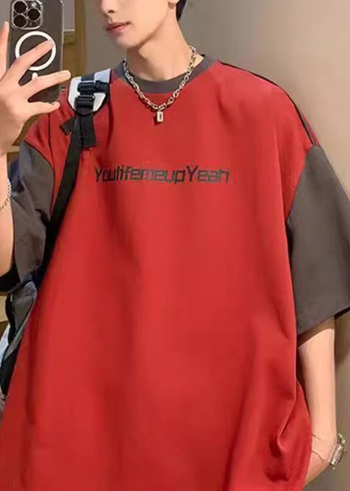 Loose Red Letter Patchwork Cotton Men T Shirt Summer