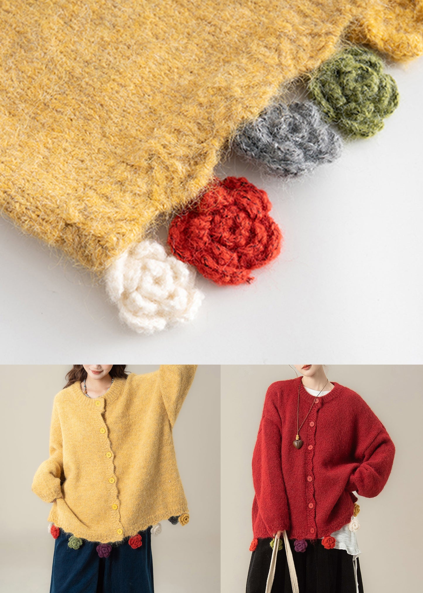 Locker geschnittener roter Strickmantel mit Rundhalsausschnitt, Blumenmuster und Knöpfen, Frühling