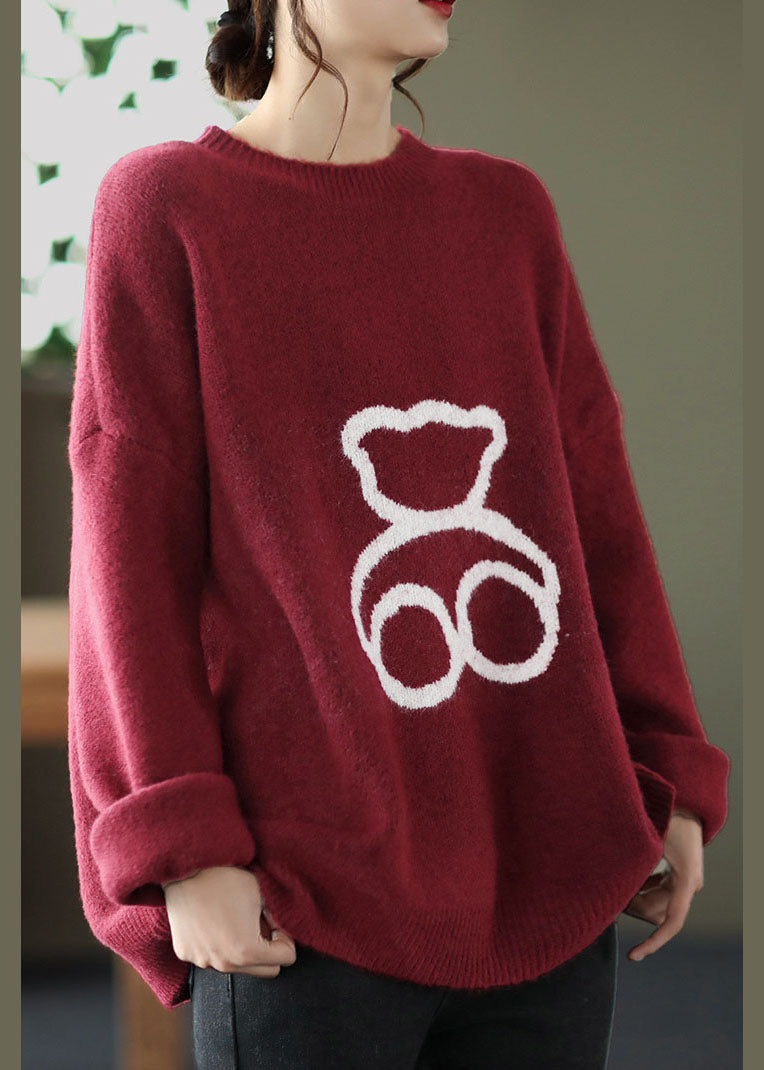 Lose Rote O-Neck Print Wollpullover Frühling