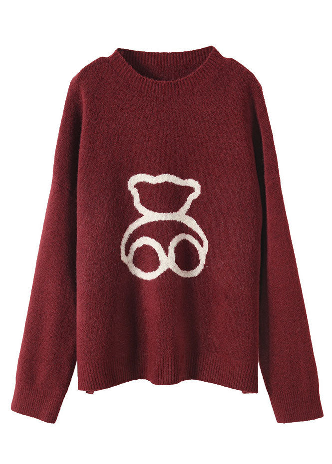 Lose Rote O-Neck Print Wollpullover Frühling