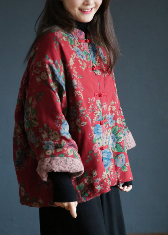 Lose Rot Stehkragen Druck Taste Warme Fleece Baumwolle Parka Winter