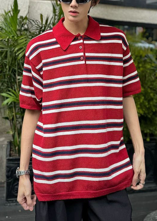 Loose Red Striped Button Knit Mens Polo Shirts Summer