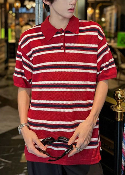 Loose Red Striped Button Knit Mens Polo Shirts Summer