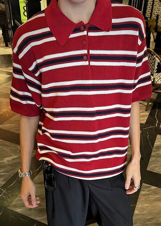 Loose Red Striped Button Knit Mens Polo Shirts Summer