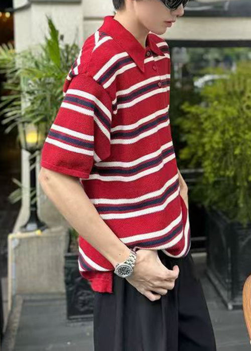 Loose Red Striped Button Knit Mens Polo Shirts Summer