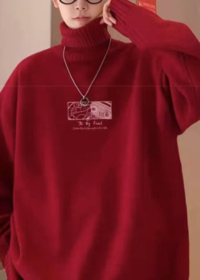 Loose Red Turtleneck Print Cozy Knit Men Sweater Winter