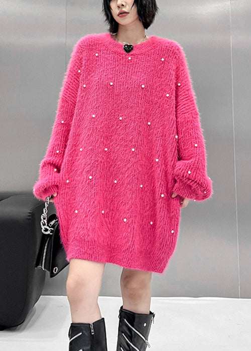 Loose Rose O Neck Pearl Mink Hair Knitted Sweater Winter