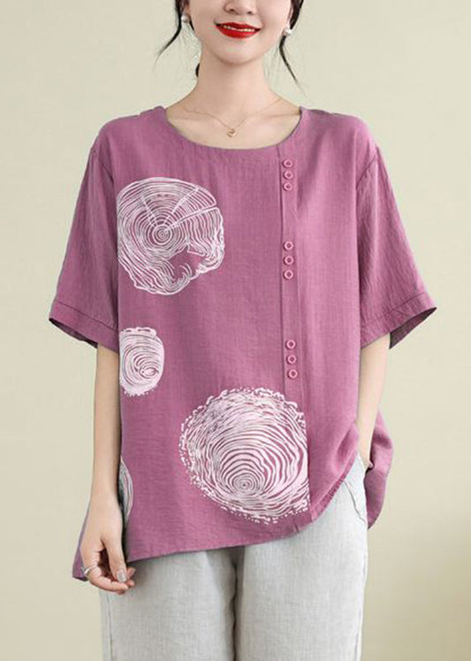 Loose Rose Patchwork Button Ice Silk Tops Short Sleeve