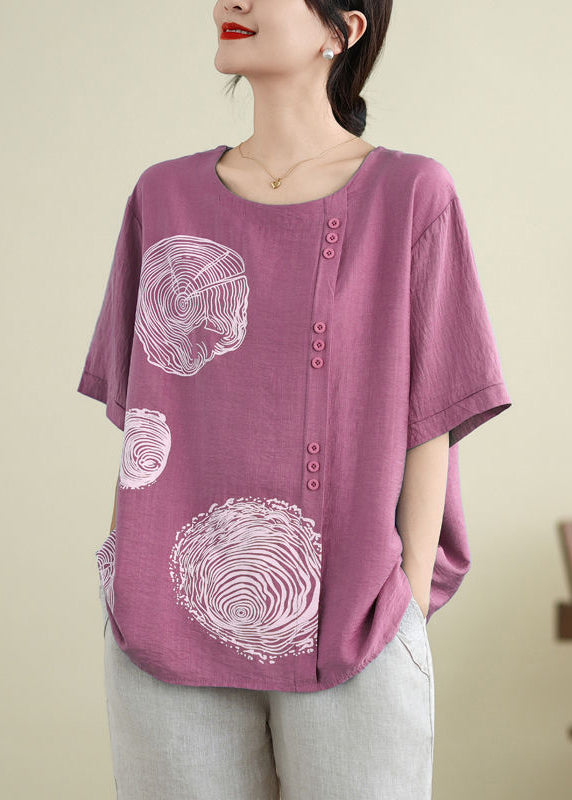 Loose Rose Patchwork Button Ice Silk Tops Short Sleeve