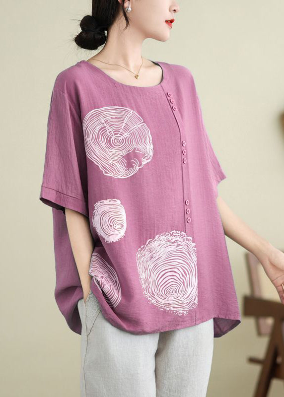 Loose Rose Patchwork Button Ice Silk Tops Short Sleeve