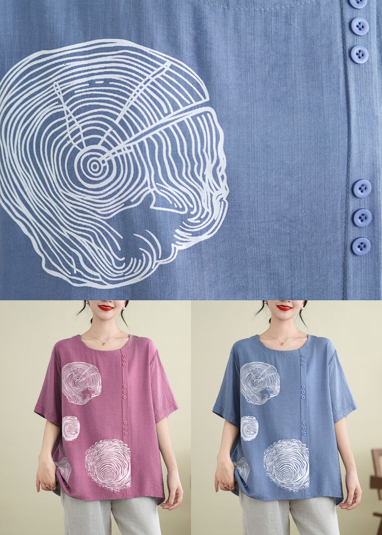 Loose Rose Patchwork Button Ice Silk Tops Short Sleeve