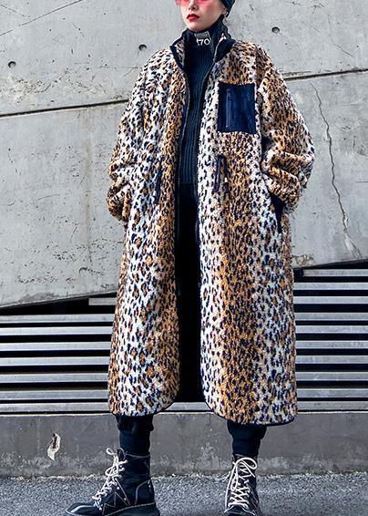 Loose Square Collar zippered fine fall coats women Leopard coats - SooLinen
