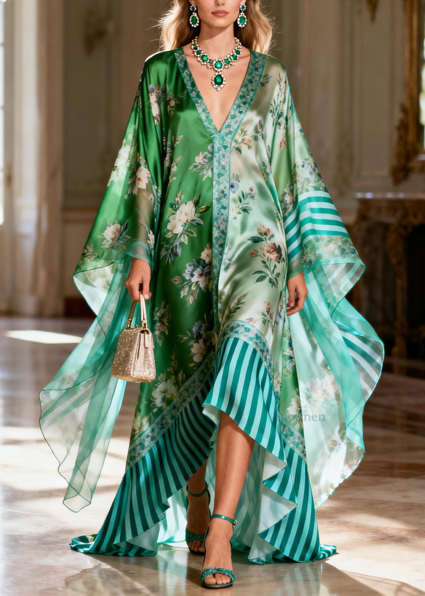 Loose V Neck Print Patchwork Silk Robe Dresses Summer