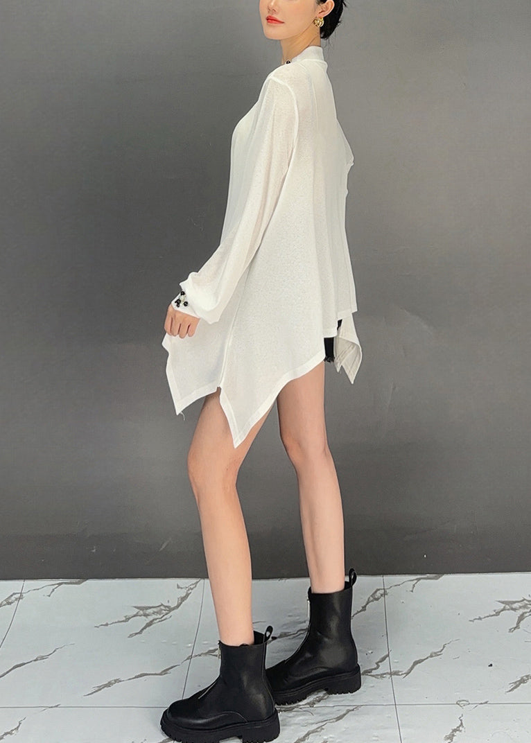 Loose White Asymmetrical Nail Bead Cotton T Shirt Summer