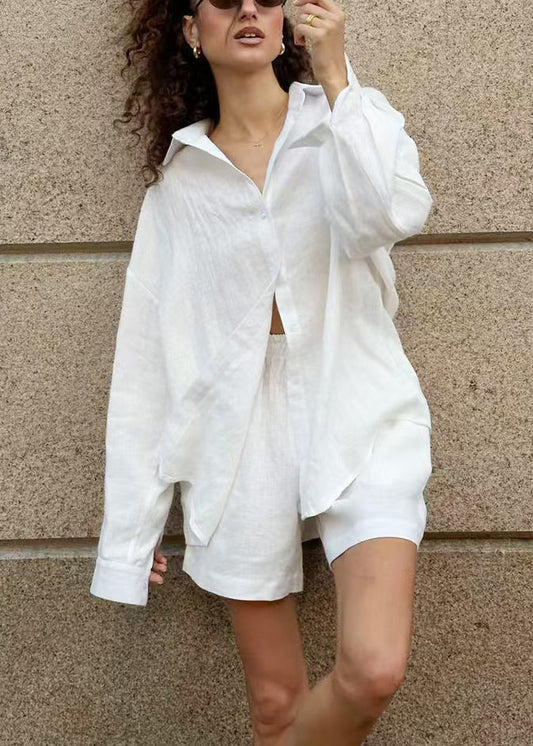 Loose White Button Elastic Waist Cotton Two Pieces Set Summer