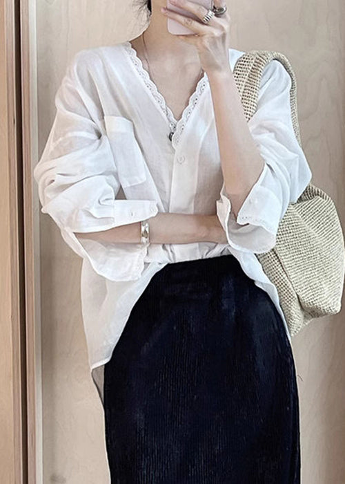 Loose White Button Low High Design Thin Silk Cotton Shirt Summer