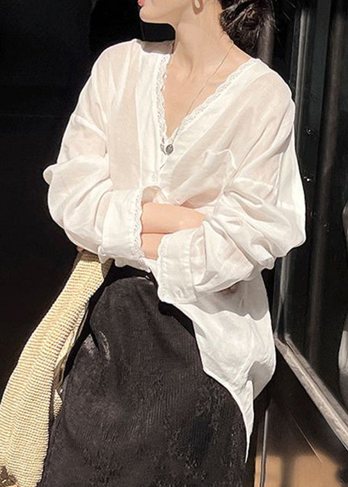 Loose White Button Low High Design Thin Silk Cotton Shirt Summer