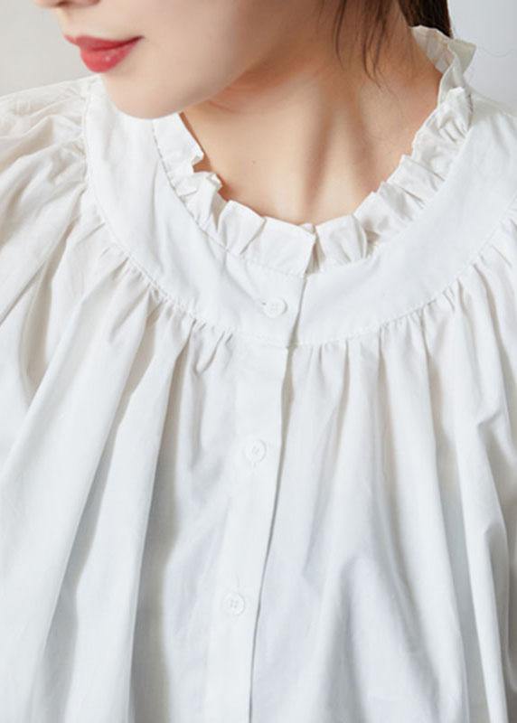Loose White Colorblock Ruffled Fall Button Long sleeve Blouses - SooLinen