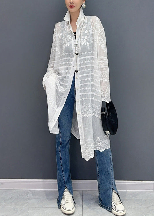 Loose White Embroidered Button Cotton Long Shirt Summer