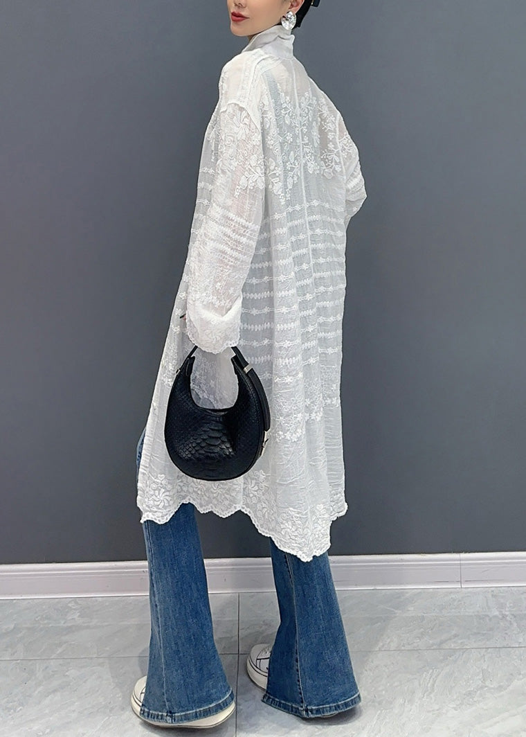 Loose White Embroidered Button Cotton Long Shirt Summer