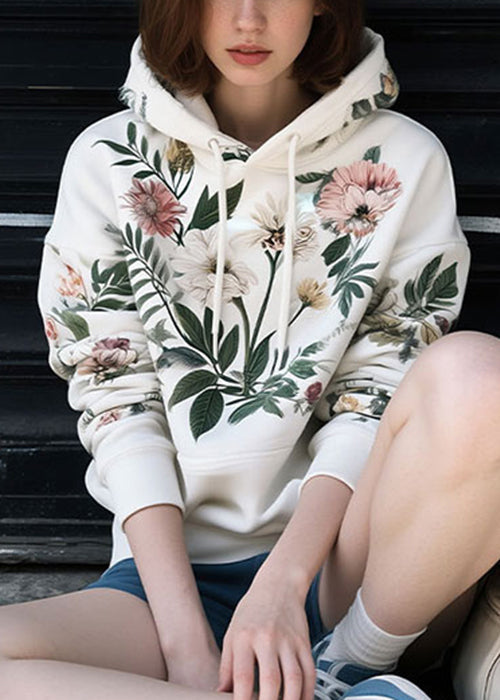 Loose White Hooded Print Cotton Sweatshirts Spring