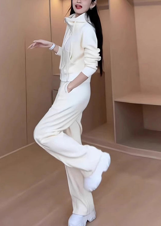 Conjunto de dos piezas de abrigo y pantalón holgados de algodón blanco con capucha y cremallera para primavera