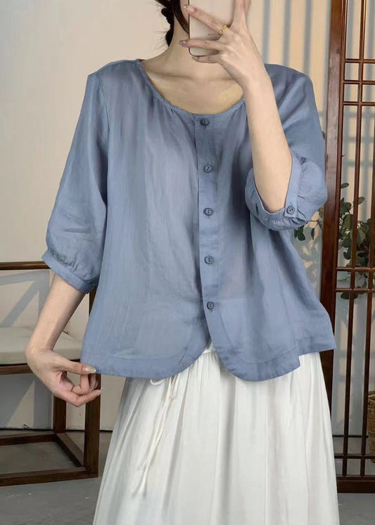Loose White O Neck Button Linen Shirts Summer