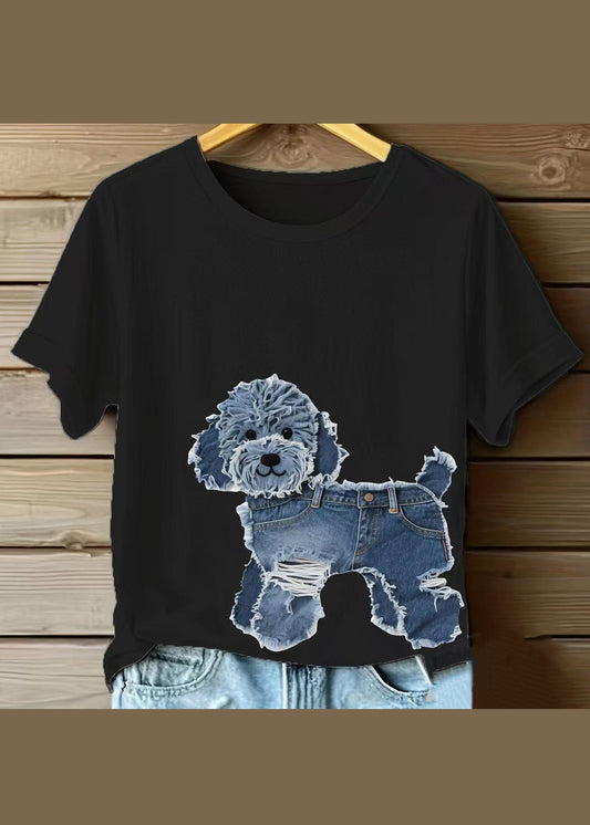 Lässiges weißes Baumwoll-Shirt mit Rundhalsausschnitt und Hundemotiven – Sommer-Oberteil