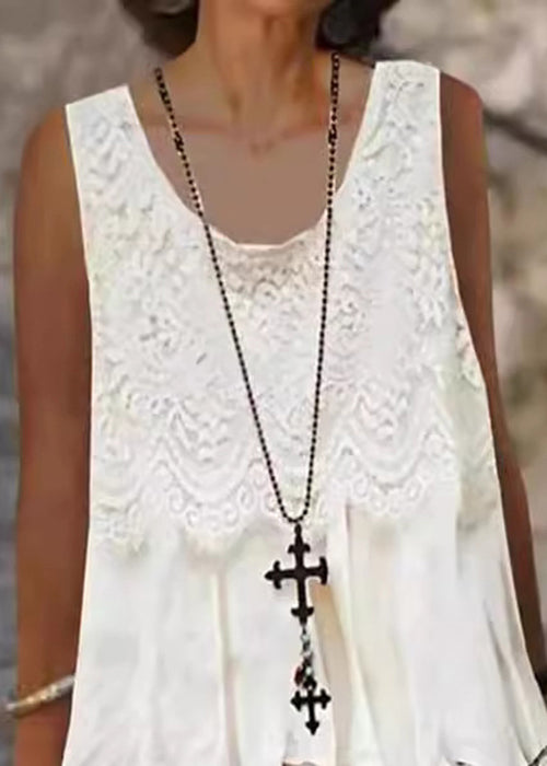 Lockeres weißes O-Ausschnitt Spitzen Patchwork Midikleid ärmellos