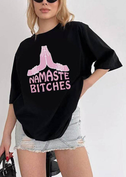 Loose White O Neck Print Cotton T Shirts Half Sleeve