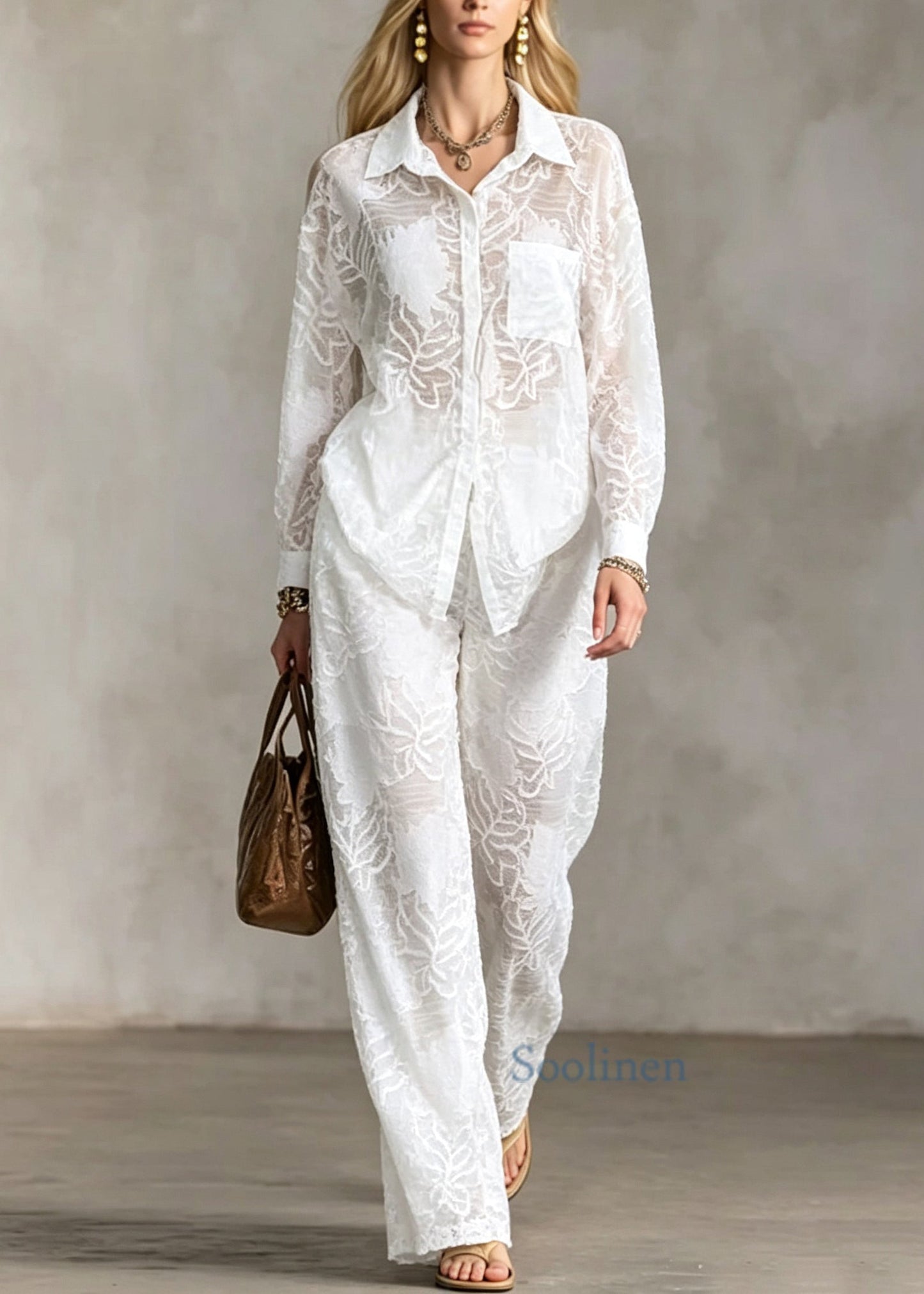 Loose White Peter Pan Collar Cotton Two Piece Set Outfits Long Sleeve