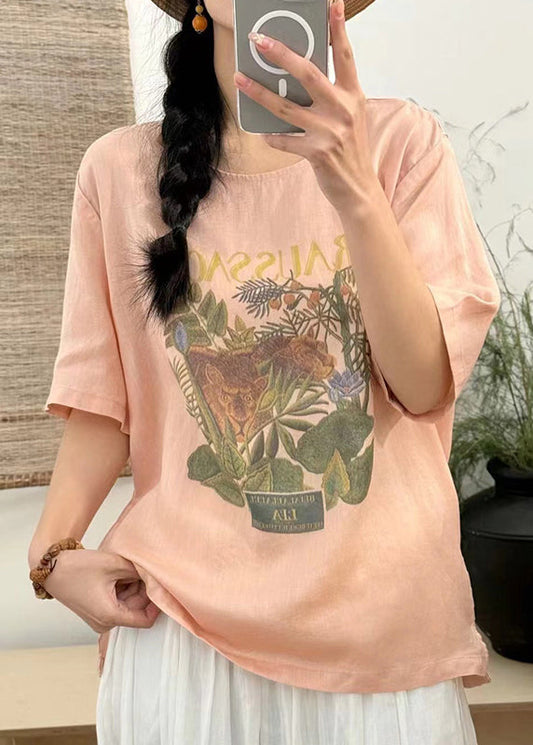 Loose White Print Side Open Linen T Shirts Summer