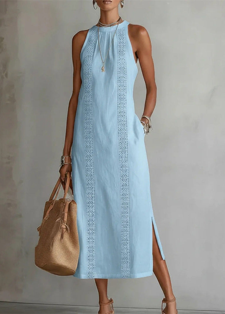 Loose White Print Side Open Maxi Dress Summer
