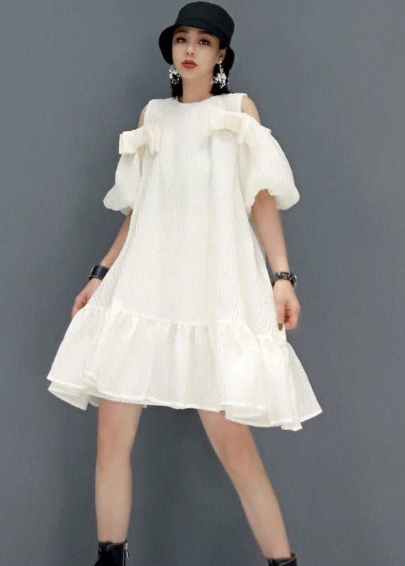 Lockeres weißes Puffärmel-A-Linien-Rock mit kalter Schulter Partykleid Sommer