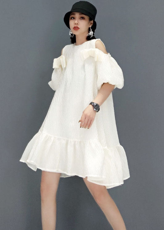 Lockeres weißes Puffärmel-A-Linien-Rock mit kalter Schulter Partykleid Sommer