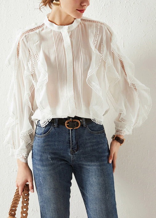 Loose White Ruffled Hollow Out Cotton Shirts Fall