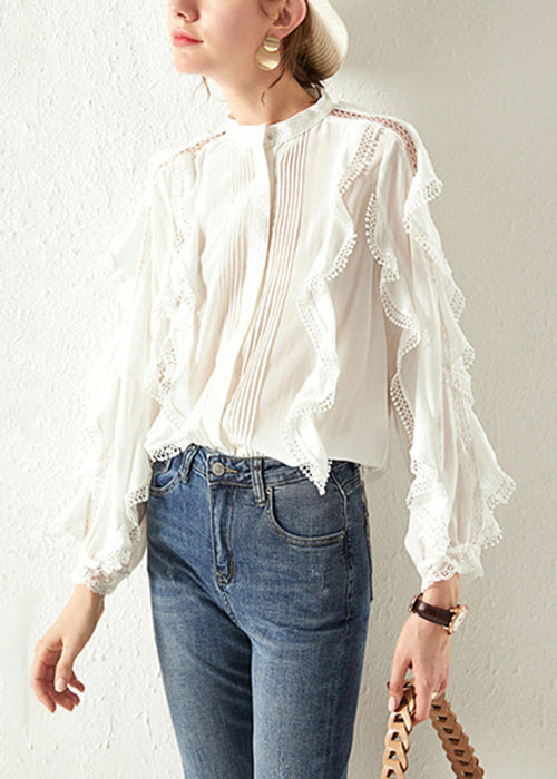 Loose White Ruffled Hollow Out Cotton Shirts Fall