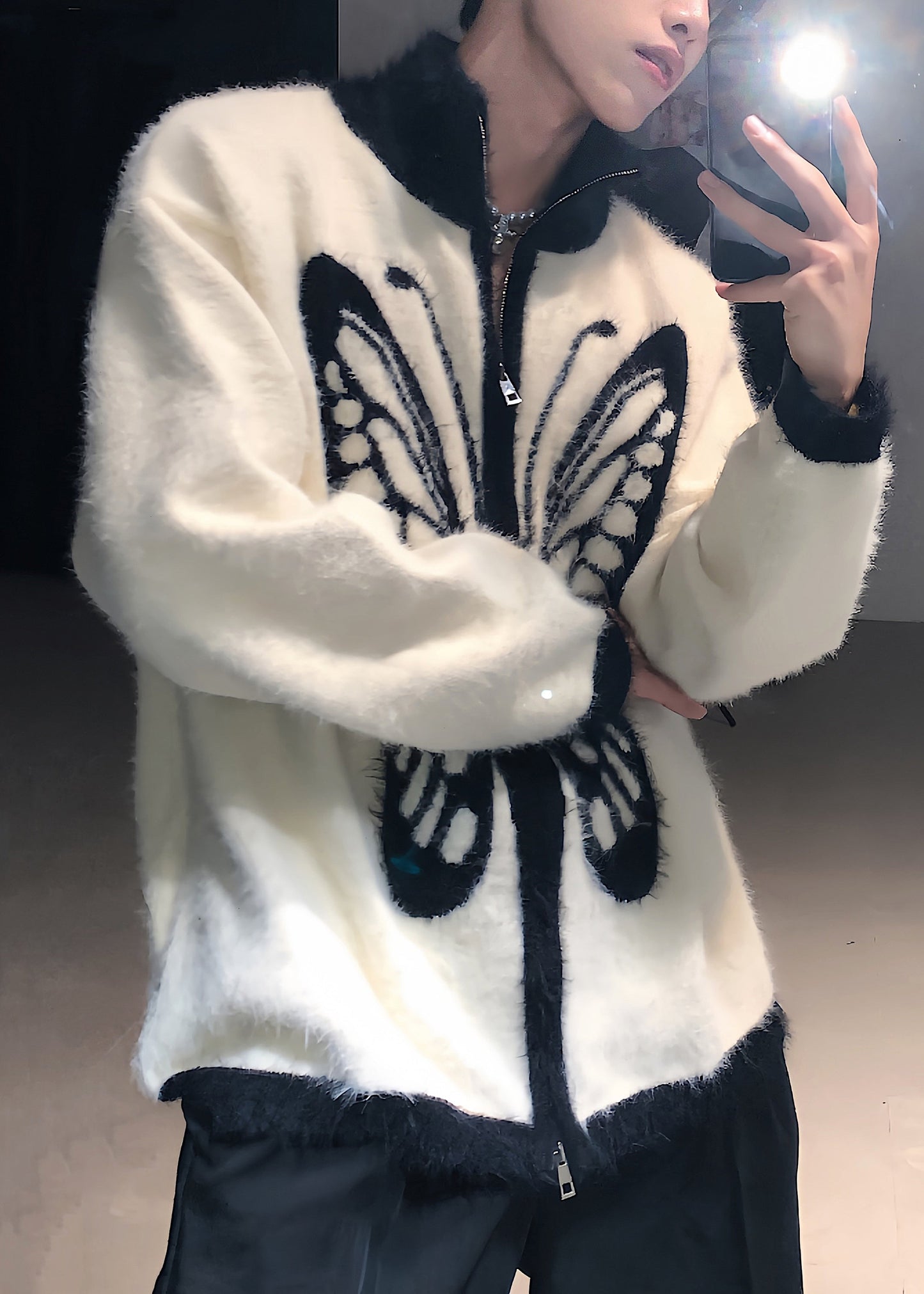 Loose White Stand Collar Zip Up Butterfly Knit Mens Coat Fall