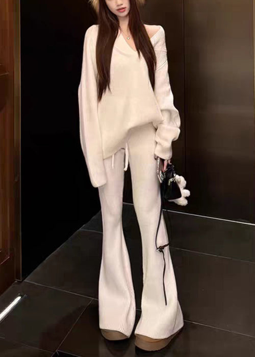 Conjunto de dos piezas de punto holgado, blanco, con escote en V y cintura elástica, para otoño