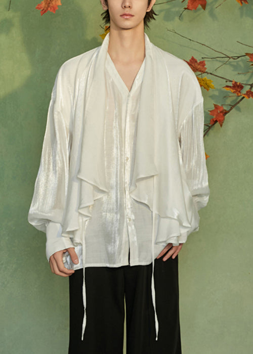 Loose White V Neck Lace Up False Two Pieces Silk Men Shirts Spring