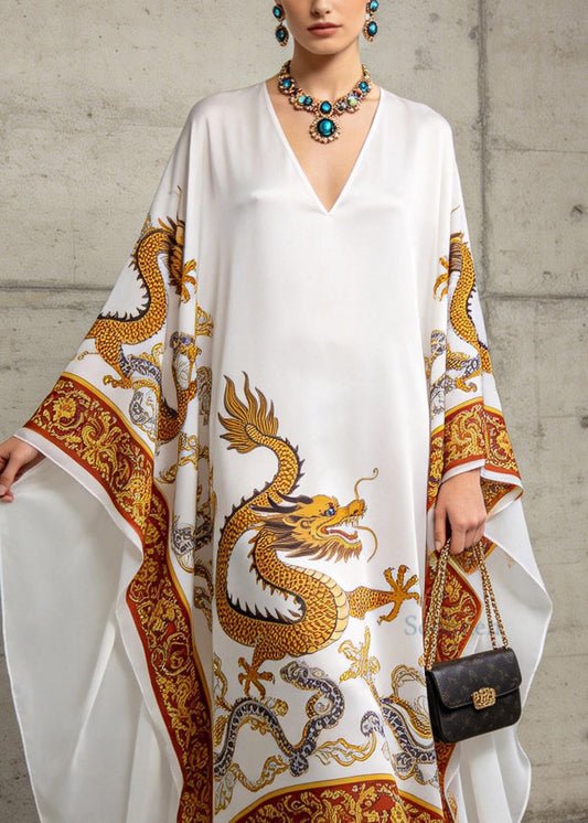 Loose White V Neck Oriental Print Chiffon Dress Batwing Sleeve