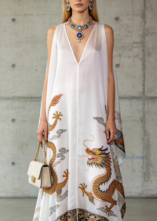 Loose White V Neck Oriental Print Chiffon Dresses Sleeveless