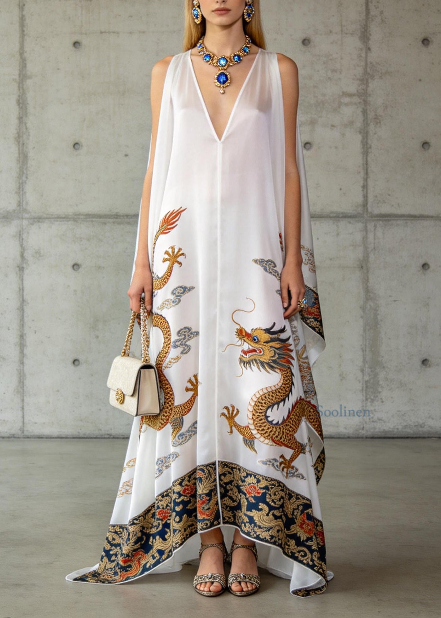 Loose White V Neck Oriental Print Chiffon Dresses Sleeveless