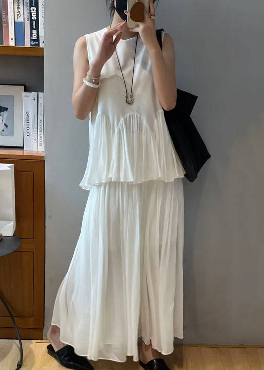 Loose White Wrinkled Solid Chiffon Two-Piece Set Sleeveless