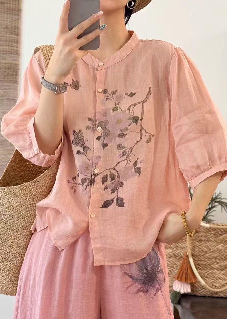 Loose Yellow Button Print Linen Shirts Half Sleeve