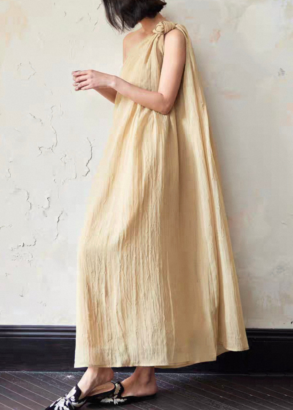 Loose Yellow Cold Shoulder Solid Linen Long Dress Sleeveless