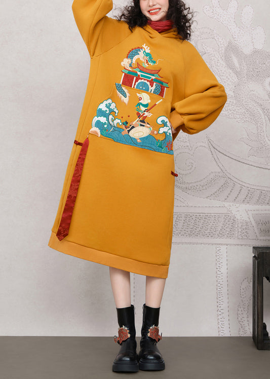 Loose Yellow Hooded Embroidered Warm Fleece Long Dress Winter
