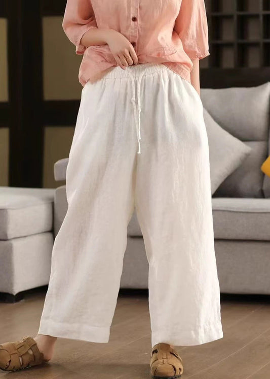Loose Yellow Lace Up Elastic Waist Linen Crop Pants Summer