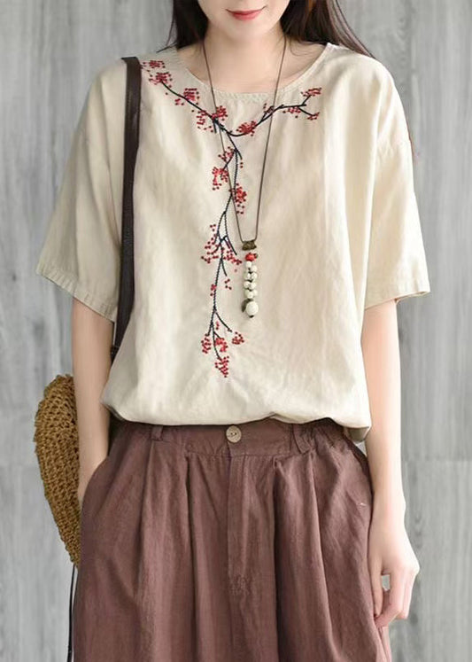 Loose Yellow O Neck Embroidered Cotton T Shirt Tops Summer